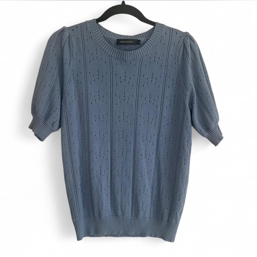 Blue Short Sleeve Knit Sweater